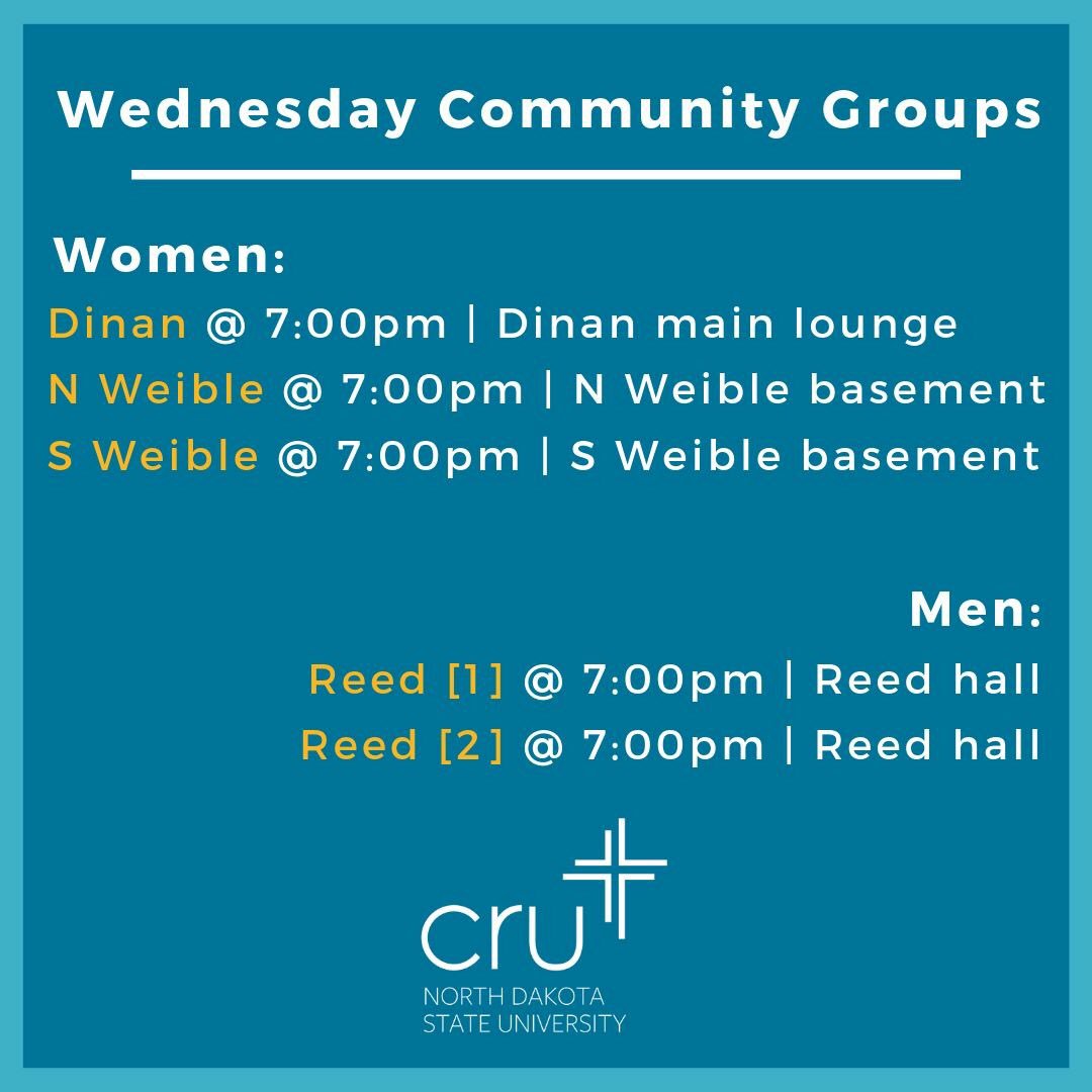 ndsuCru's tweet photo. Wednesday community group times:
#ndsuCru https://t.co/oR5pvrE1Up