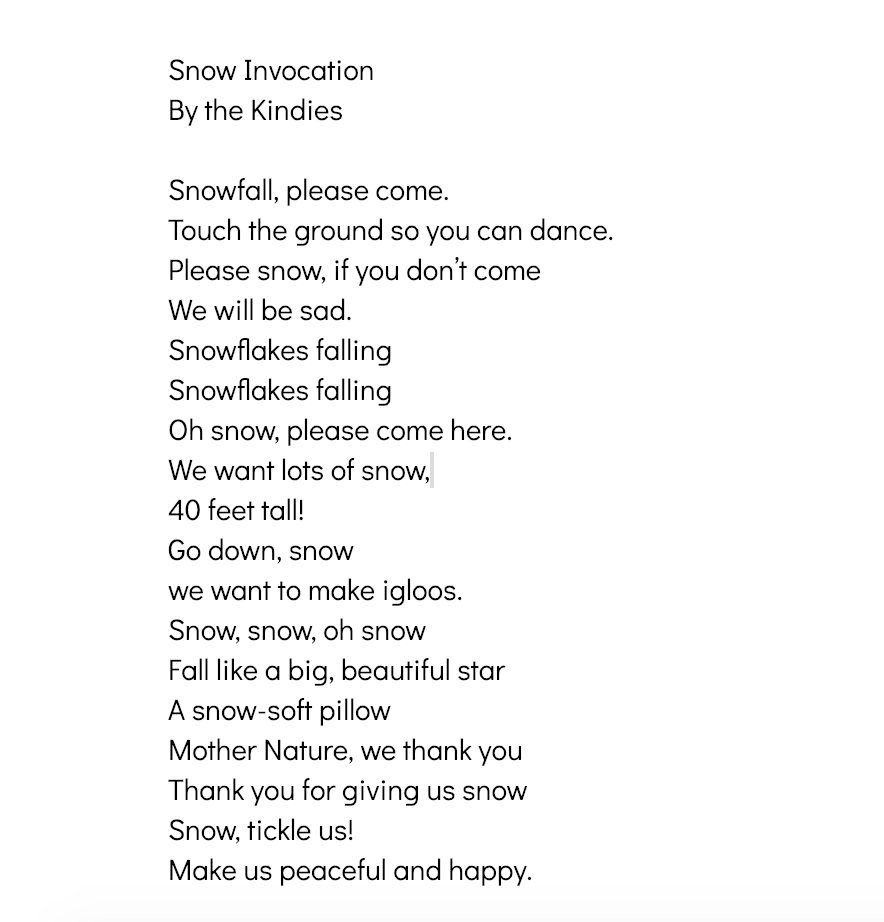 RumseyKindies's tweet photo. We sang a song, wrote a poem, and danced for snow. Before Morning by Joyce Sidman taught us about invocations. #snowinvocation #rumseyhallschool #kindergarten https://t.co/YxKtWFFfh7