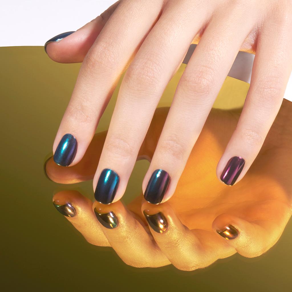 "Reflect your personality with our OPI Chrome collection. Create this holographic look with “Blue Plate Special” over “Black Onyx” on the left, and “Amythest Made The Short List” is over "Black Onyx" on the right. Which do you ❤ more? Discover her… "