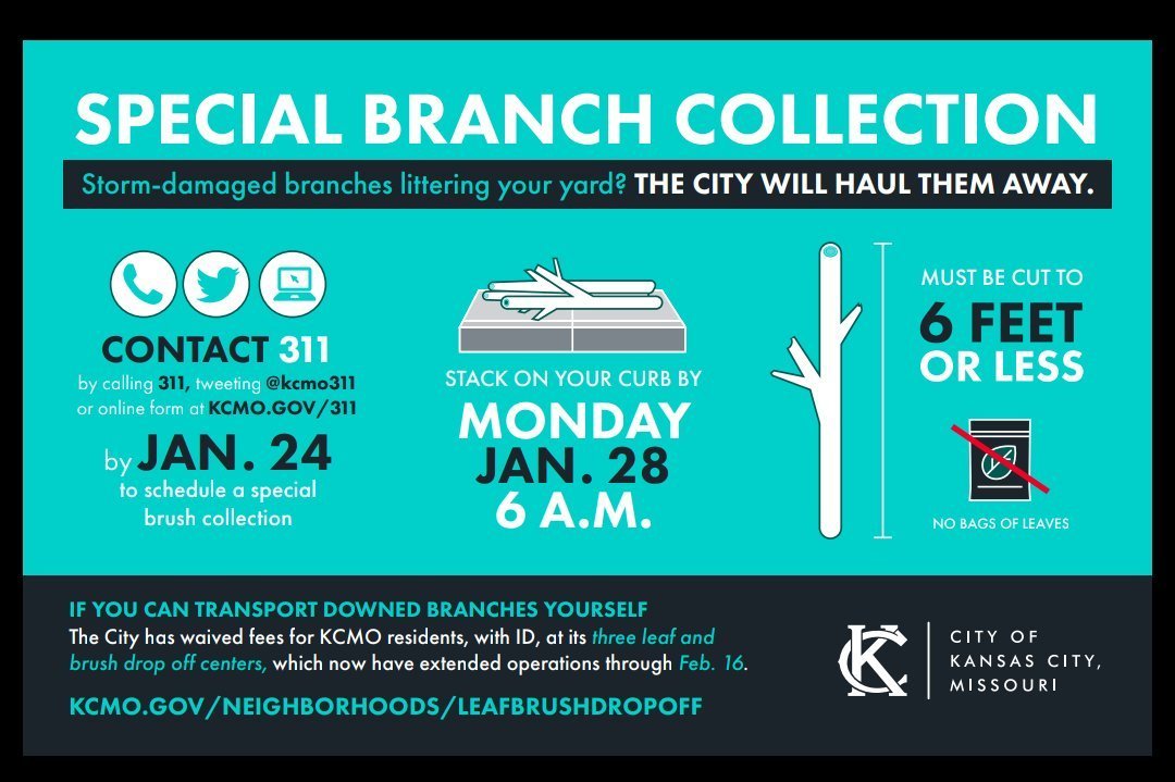 KCMOPlanning's tweet photo. Limbs down? Our Neighborhoods and Housing "branch" has got you covered. #KCMO #Snow #BrushPickUp https://t.co/7hifuBUoTS