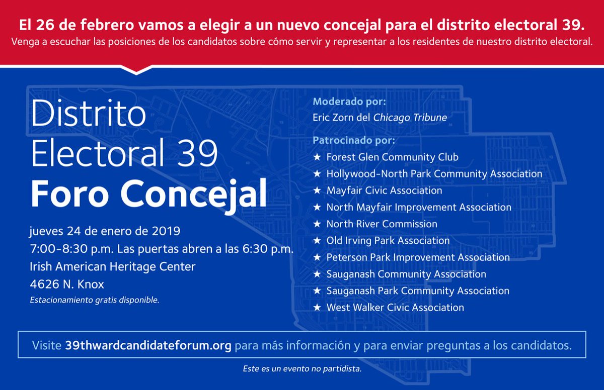 apccchgo's tweet image. Save the Date! 

On February 26th we will elect a new alderman. Next Thursday, January 24th the Irish American Heritage Center will host a 39th Ward Aldermanic Candidate Forum. Take this opportunity to learn more about candidates who want to represent Albany Park in City Council.