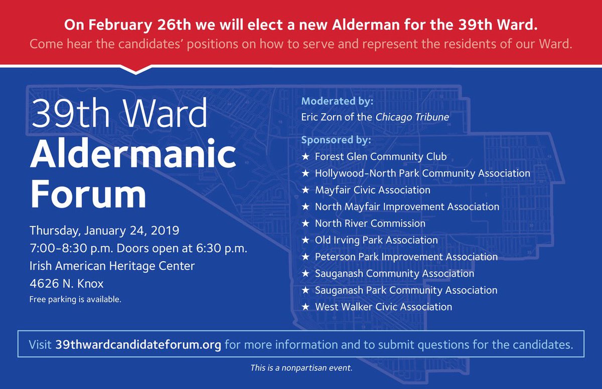 apccchgo's tweet image. Save the Date! 

On February 26th we will elect a new alderman. Next Thursday, January 24th the Irish American Heritage Center will host a 39th Ward Aldermanic Candidate Forum. Take this opportunity to learn more about candidates who want to represent Albany Park in City Council.