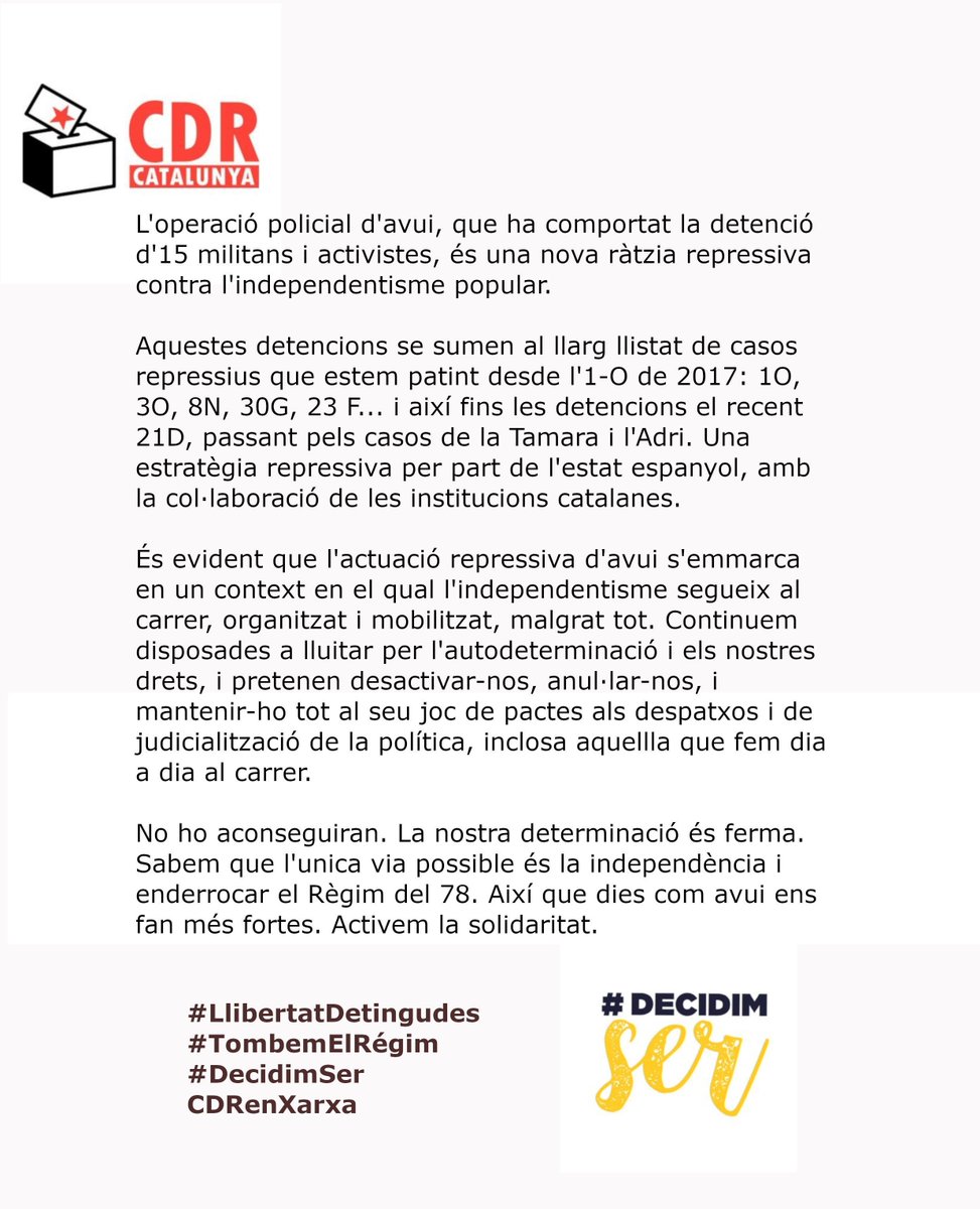 CDRCatOficial's tweet photo. #LlibertatDetingudes 
#TombemElRègim 
#DecidimSer 
#CDRenXarxa https://t.co/oA5HnxAOXV