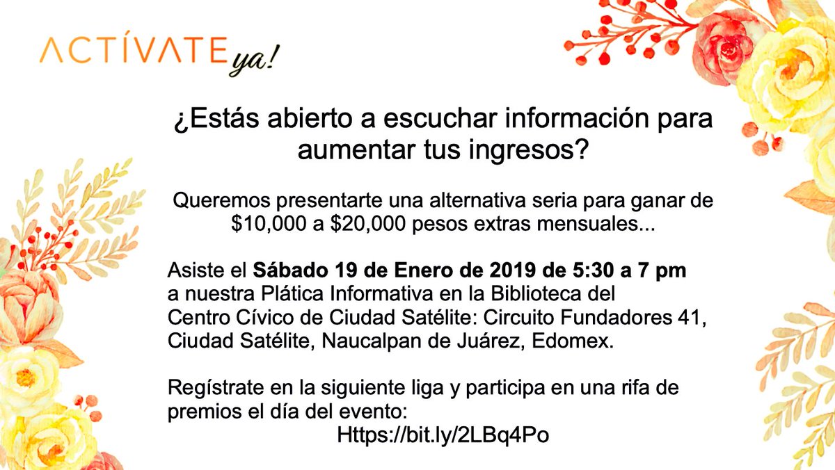 kilg19's tweet photo. ¿Te gustaría aumentar tus ingresos en 2019? Tenemos una información capitalizable que compartir contigo. Este es un negocio noble y honesto. Necesitas tomar una decisión informada, por eso asiste a la Biblioteca del Centro Cívico para conocer toda la información completa ¡Asiste! https://t.co/fXcnPtgx9k