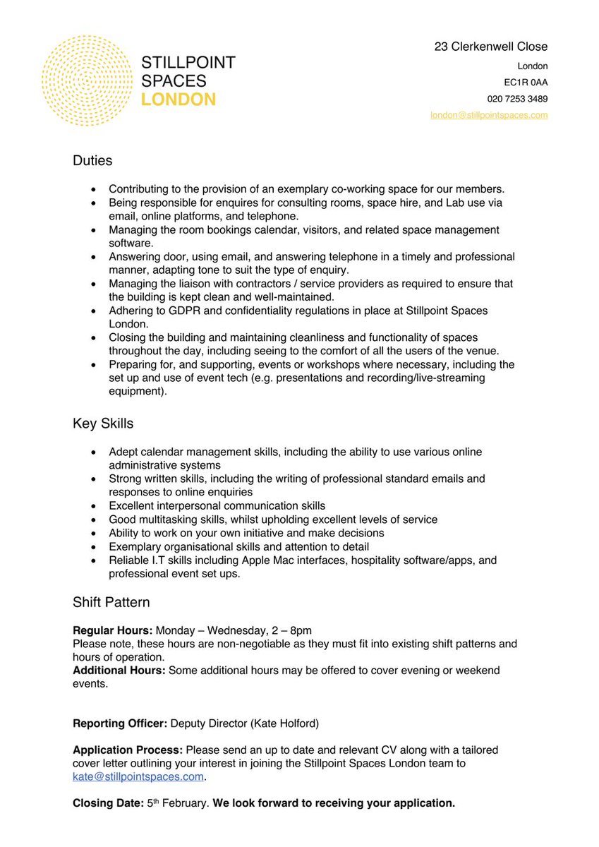 StillpointHQ's tweet photo. WE ARE HIRING! We are looking for a Full Time Operations Manager and a Part Time Site Coordinator. Details below. #hiring #vacancy #job #StillpointSpacesLondon https://t.co/59dEQ7d85c