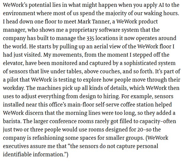 WeWork used artificial intelligence to learn that people drink coffee in the morning so they should hire a barista