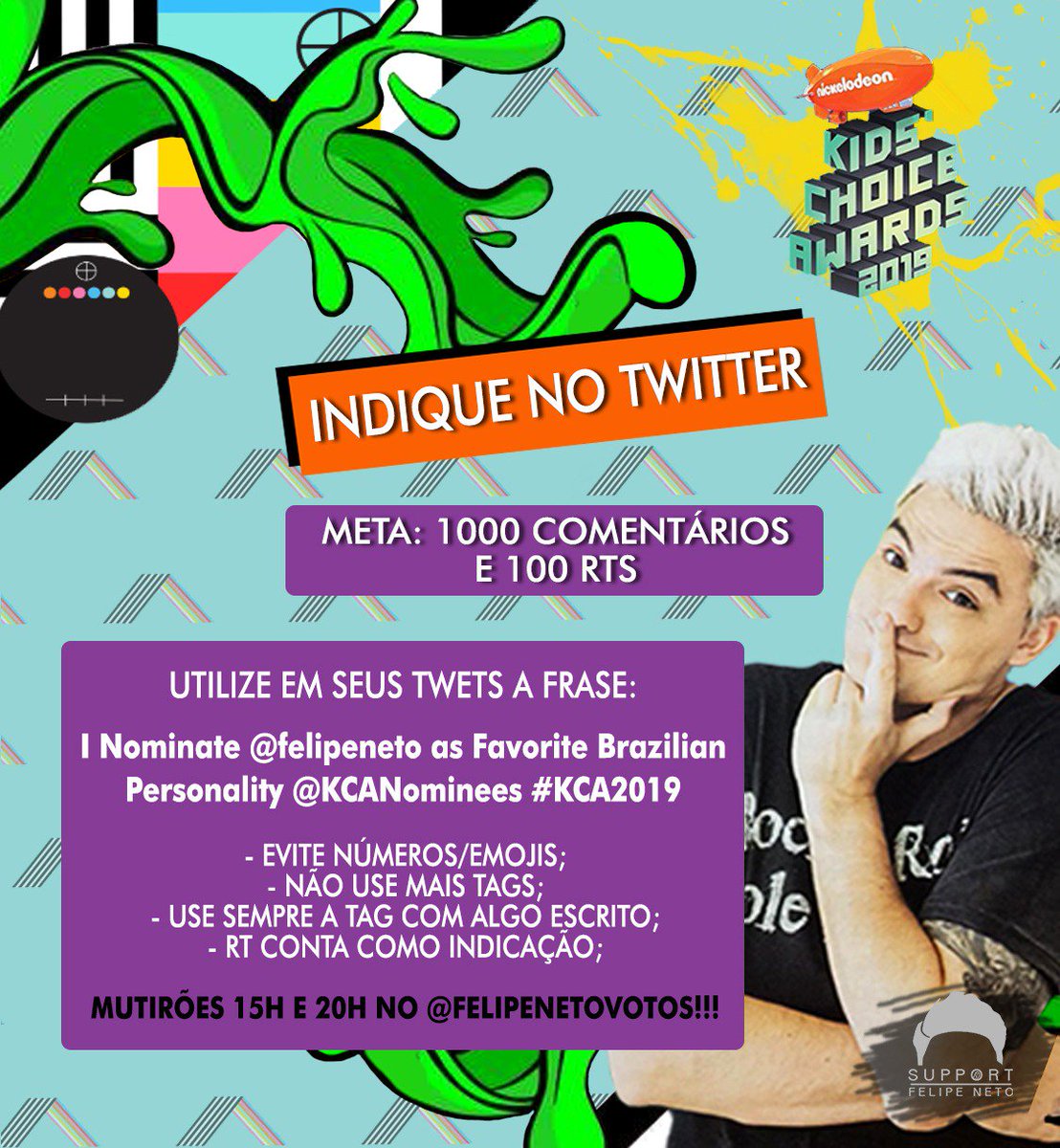 Felipe Neto Votos ⓢ | (@felipenetovotos) on Twitter photo Use palavras aleatórias ou números por extenso JUNTO AO TEXTO DE INDICAÇÃO.
Meta de mil comentários e cem rts!
I Nominate <a href="/felipeneto/">Felipe Neto 🦉</a> as Favorite Brazilian Personality @KCANominees #KCA2019 Use palavras aleatórias ou números por extenso JUNTO AO TEXTO DE INDICAÇÃO.
Meta de mil comentários e cem rts!
I Nominate <a href="/felipeneto/">Felipe Neto 🦉</a> as Favorite Brazilian Personality @KCANominees #KCA2019