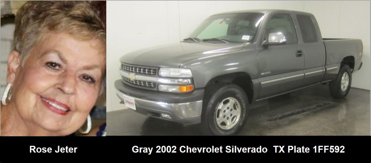 TX_Alerts's tweet photo. ACTIVE SILVER ALERT for Rose Jeter from Paducah, TX, on 01/16/2019,TX plate 1FF592 https://t.co/LEDvODkixg