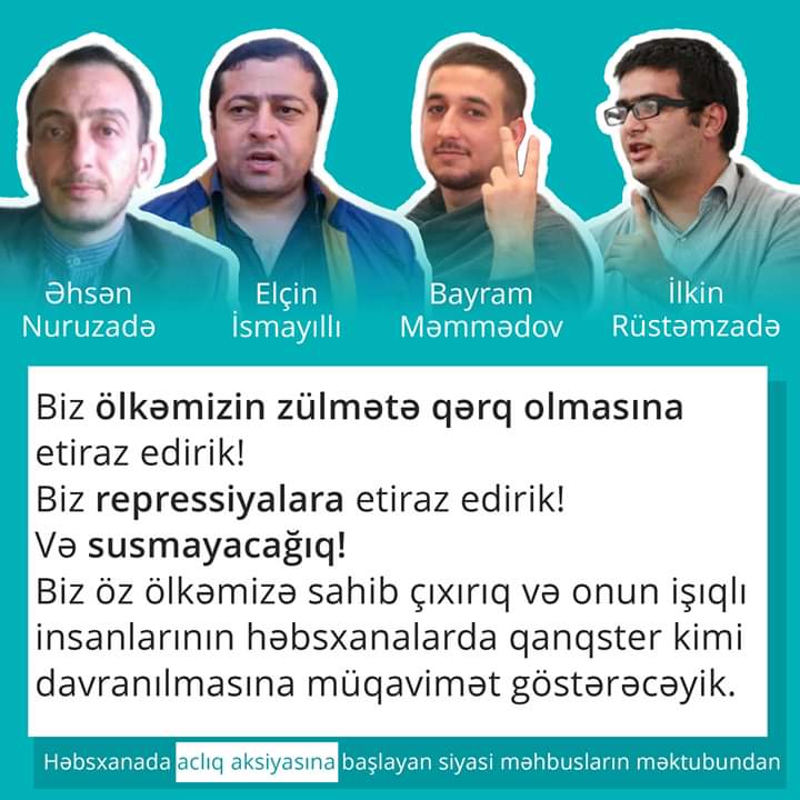 abdul_abilov82's tweet photo. At last 7 political prisoners are on hunger strike in Azerbaijan in solidarity with Mehman Huseynov. Urgent action from the international community is needed! #FreeMehman
#freepoliticalprisoners @SenatorCollins @SenWarren @JunckerEU @TJagland @EmmanuelMacron https://t.co/5r1n3eEBy0