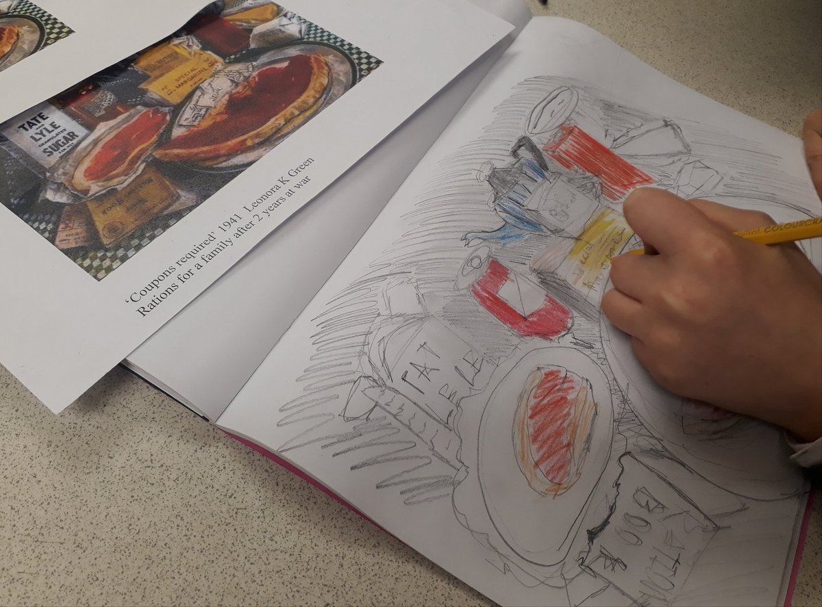 JulieBegen's tweet photo. Yr6 today #WW2 rationing. Great discussion and drawing session. Focus was layout. Great questions asked. Love a #History #Art link #LeonoraKGreen Coupons required 1941 #WhitehallPrimary #Primaryart https://t.co/67tt1YlDA5