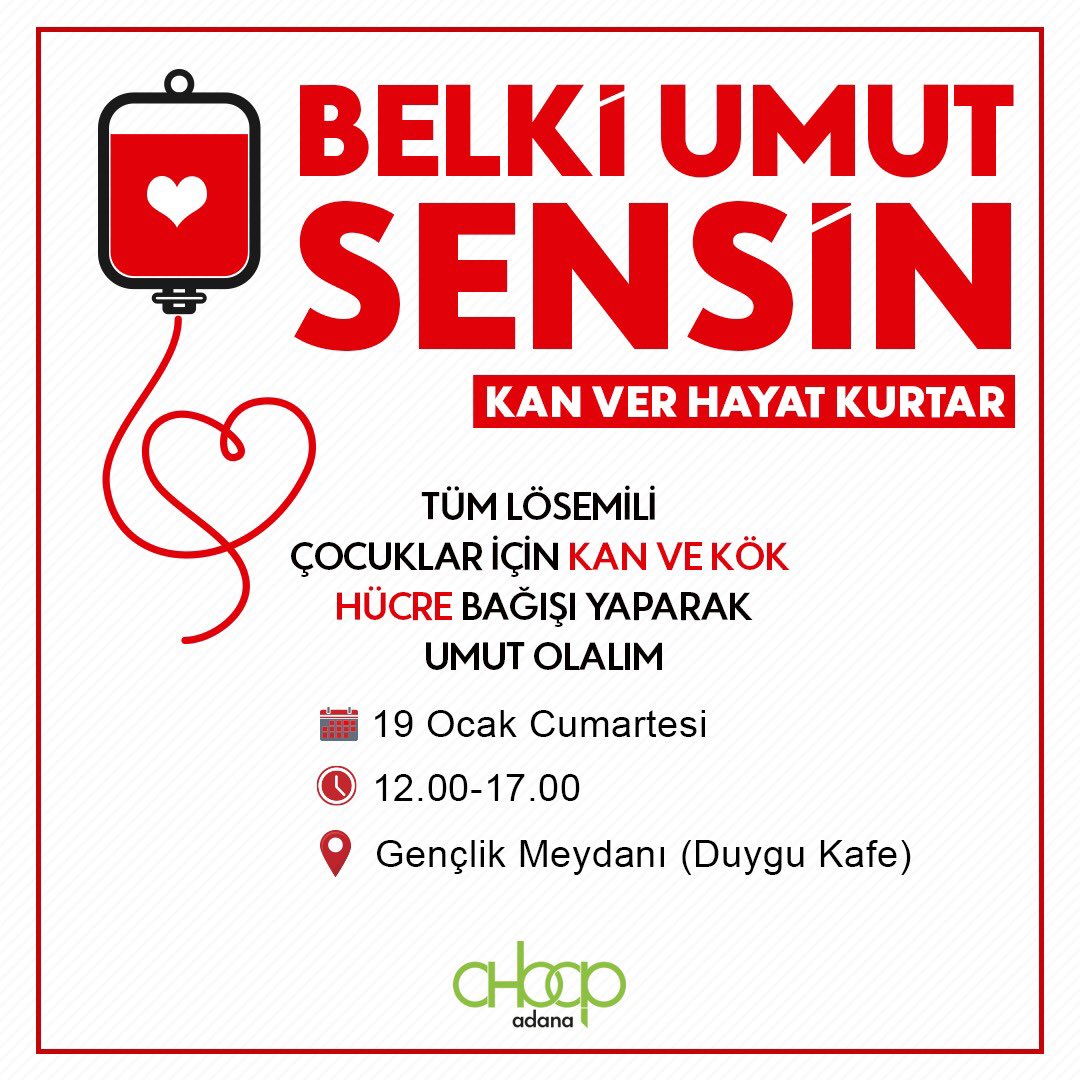 ‘Belki umut sensin’ diyerek; 19.01.2019’da Gençlik Meydanı’nda toplanıyoruz. Haydi sen de gel, kan vererek bir hayata umut ol. Hayat kurtarmak bizim ellerimizde. 💚💪🏻