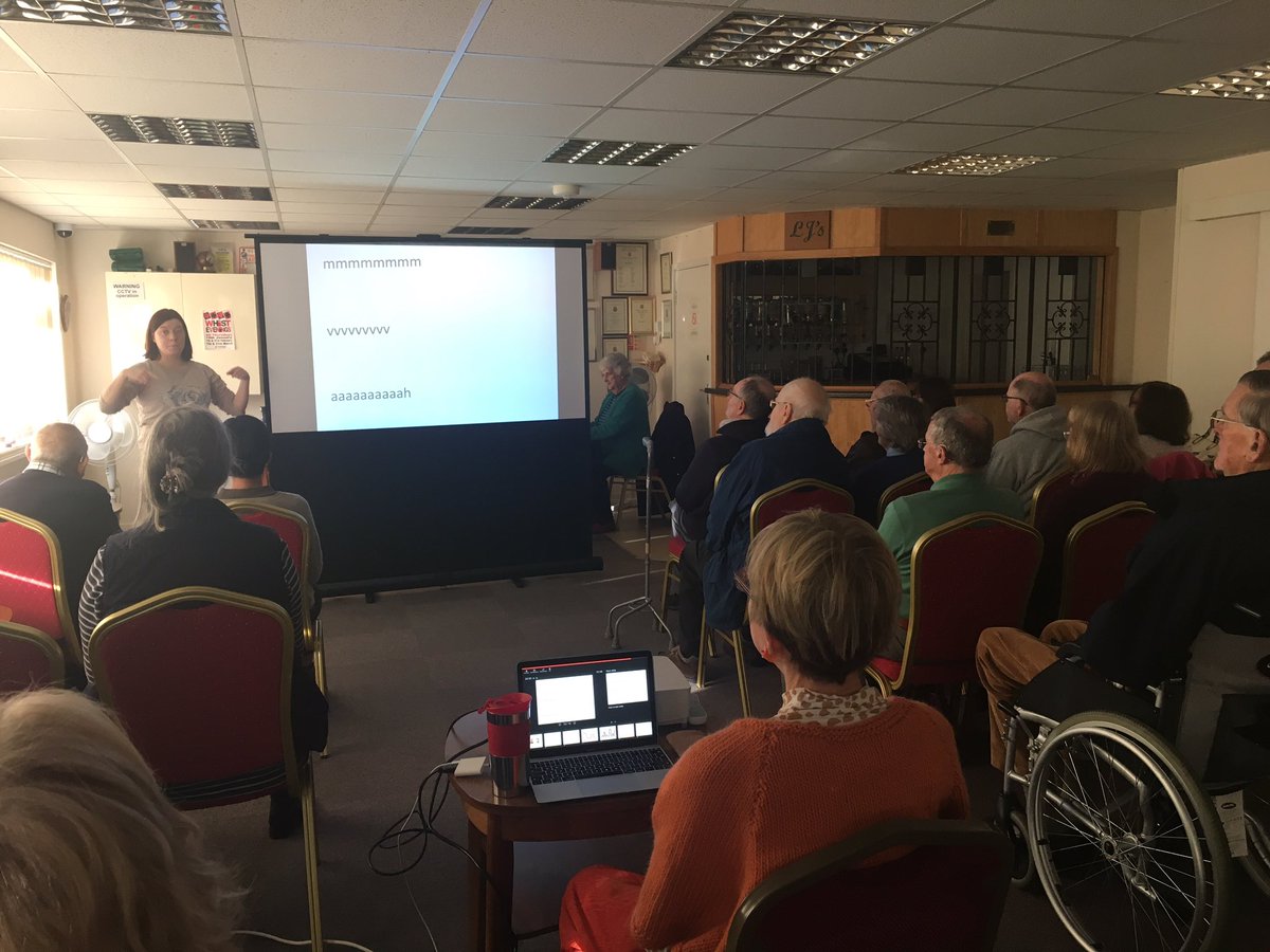 AphasiaChoir's tweet photo. Today we had our first rehearsal using our amazing new projector, screen and piano funded by our @stjohns1174 grant. We can see our #aphasia friendly lyrics clearly now the blur has gone! Thank you very much St John’s Foundation 😀🎶 @StrokeAssocSW @TheStrokeAssoc https://t.co/VlkUXybWwQ