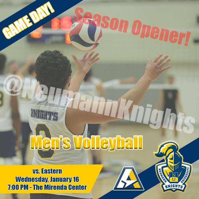 Neumann Athletics (@neumannknights) on Twitter photo The 2019 season starts tonight!
<a href="/NeumannMVB/">Neumann Men's Volleyball</a> vs. <a href="/EUEagles/">Eastern Athletics</a>
⏰ 7:00 PM
📍The Mirenda Center
💻 ow.ly/q2fQ30nl1Ch
#️⃣goNUKnights The 2019 season starts tonight!
<a href="/NeumannMVB/">Neumann Men's Volleyball</a> vs. <a href="/EUEagles/">Eastern Athletics</a>
⏰ 7:00 PM
📍The Mirenda Center
💻 ow.ly/q2fQ30nl1Ch
#️⃣goNUKnights