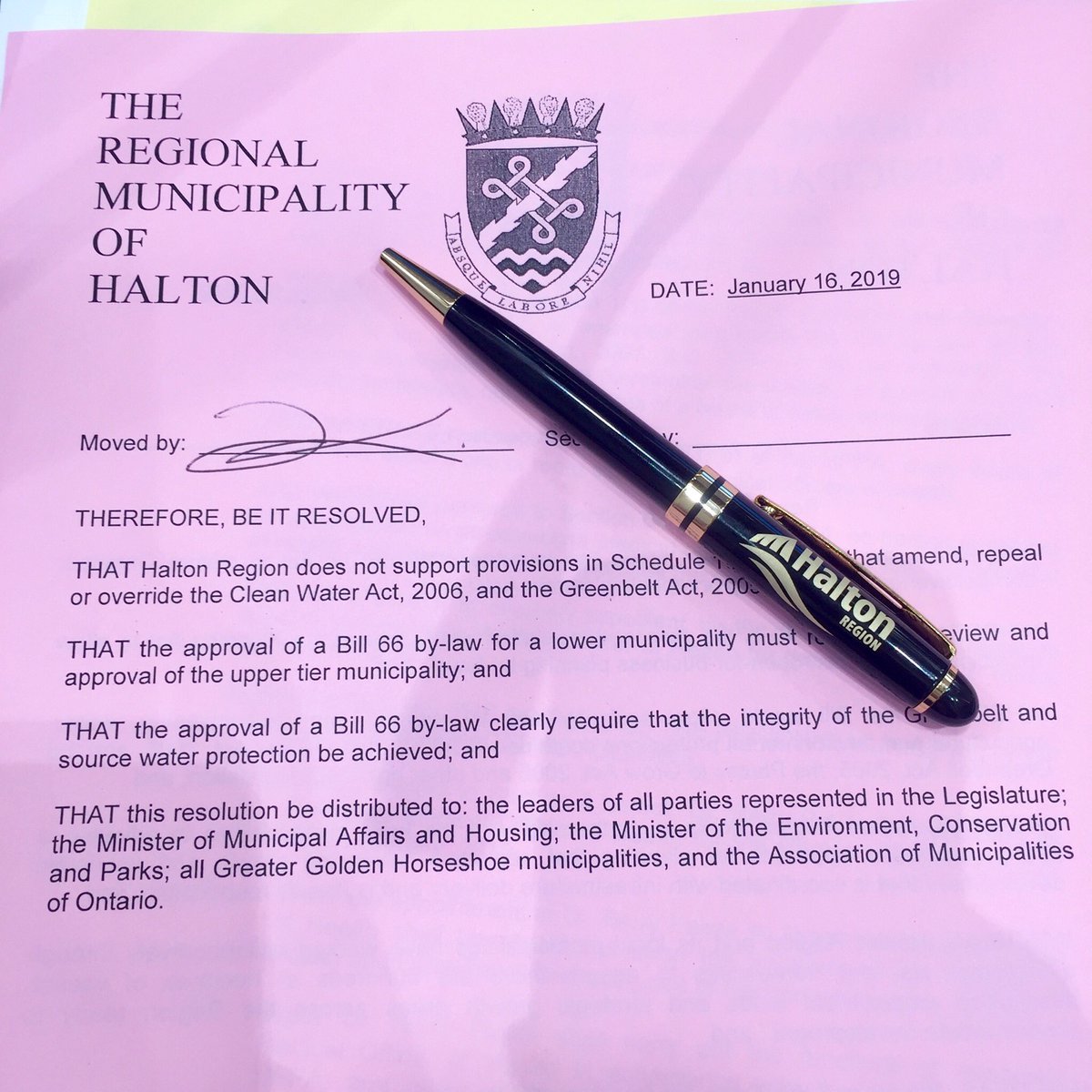 Halton Region unanimous motion. My comments: #Bill66 undermines sustainable planning, provincial investment + infrastructure, contradicts #environment goals. #BurlOn is already Open for Business. I re-pledge to protect our #Greenbelt + #SafeWater. #onpoli