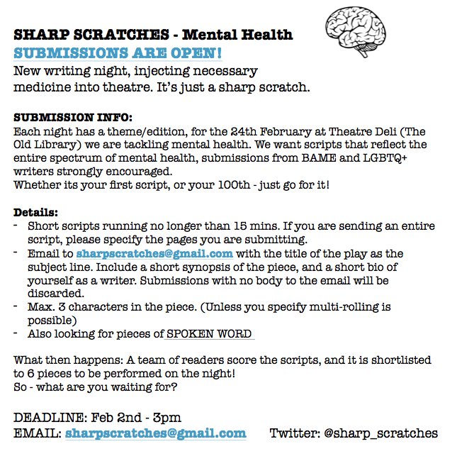 WRITERS: SUBMISSIONS ARE OPEN!
Sharp Scratches tackles Mental Health <a href="/theatredeli/">Theatre Deli</a> on the 24th February, we are itching to read your work. #GoodLuck #writers #playwright #theatre #mentalhealth