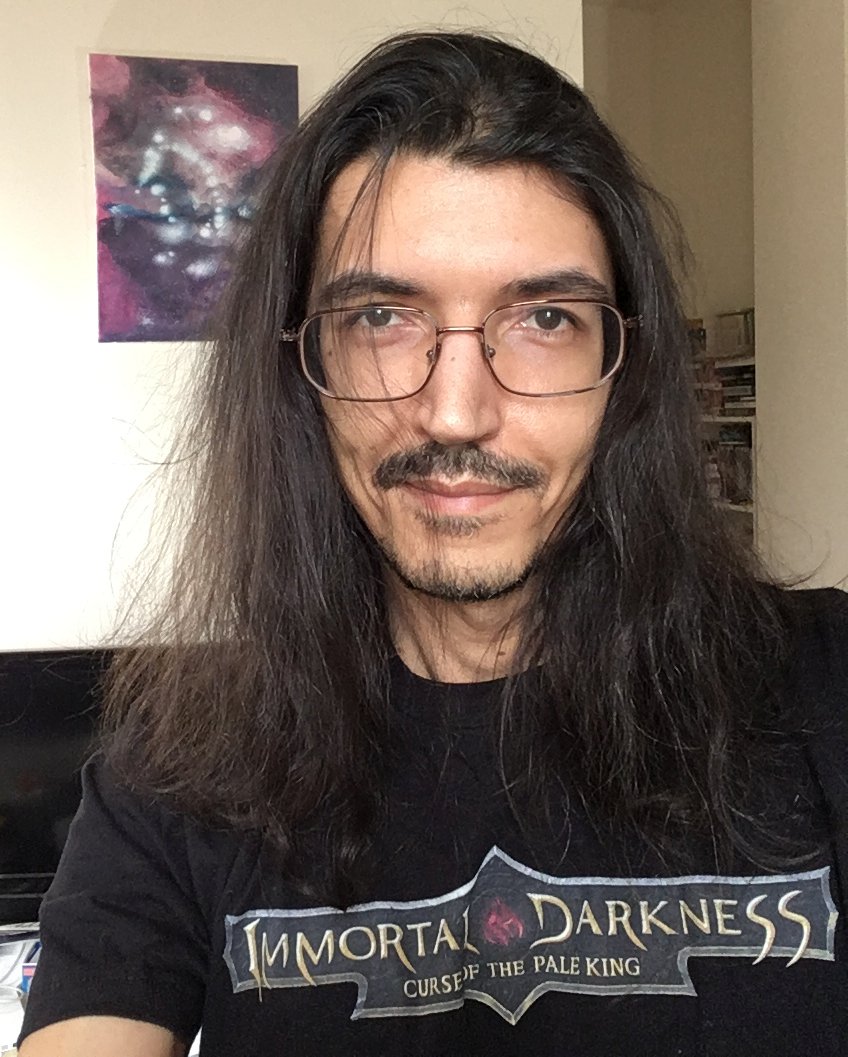 rinkuhero's tweet photo. a 2009/2019 "how hard has aging hit you" meme and picture of me in an Immortal Darkness (@Immortal_Shade) shirt -- not to be confused with my own game Immortal Defense -- which i won from their newsletter. they requested a photo of me in it. feeding two birds with one scone. https://t.co/dc5BIPypCR