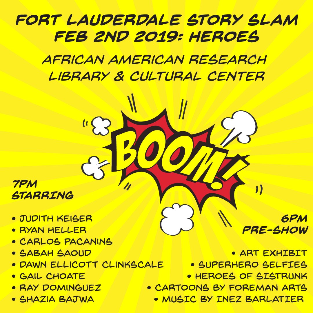 FLStorySlam's tweet photo. BOOM!!! Meet the February 2nd storytellers!!! Ages 21+. Tickets required.
@BrowardLibrary @BrowardArts #storytelling #storyslam #truestorytelling #truestories #tellyourstory #browardarts #fortlauderdaleevents #broward #fortlauderdalenightlife #heroes #theheroesamongus https://t.co/vwzJfIsy9H