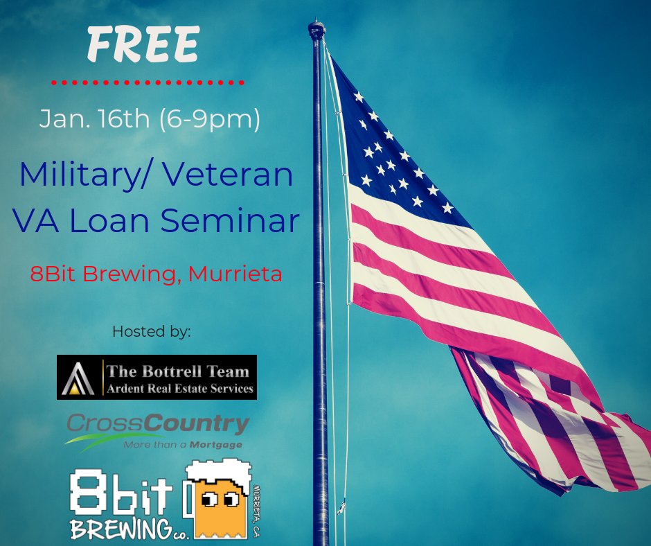 Join us TODAY at 8Bit Brewing in Murrieta, CA. (6-9:30)The Bottrell Team & Scott Evans with Cross County Mortgage will be teaching you how to use your VA Loan to fund your retirement! STOP paying your landlords mortgage and start investing in your own future!#free #veteran #event