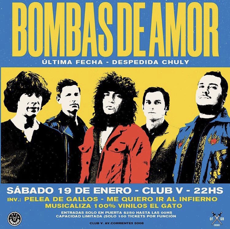 ClubVBar's tweet image. BOMBAS! BOMBAS! BOMBAS!
Sábado 19 de Enero a las 22hs en CLUB V. Bombas de Amor en Vivo 
Invitadxs especiales: Pelea de Gallos / Me quiero ir al Infierno. 100% Vinilos: El Gato
Entradas solo en puerta $250 hasta las 00hs
Capacidad Limitada (solo 100 tickets por función)
Club V
