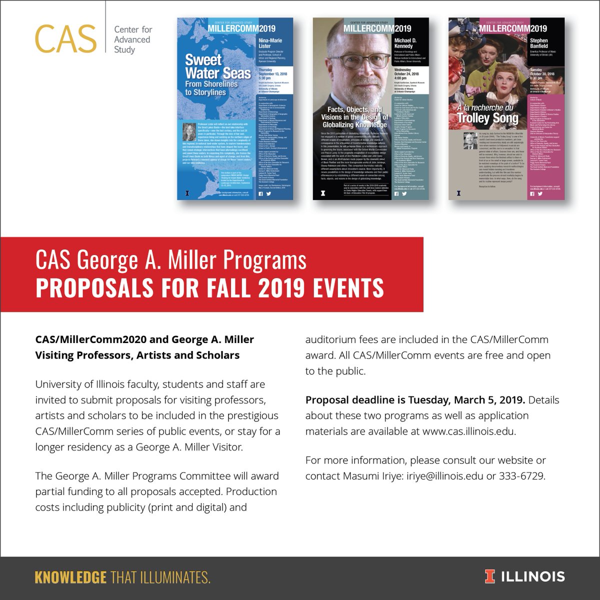 CAS_Illinois's tweet photo. Calling all University of Illinois faculty, students, and staff -- We want your GAM proposals! 

Don't miss this great opportunity to nominate visiting professors,  artists, and scholars for the CAS George A. Miller Programs! #Illinois #CAS #KnowledgeThatIlluminates https://t.co/F3XZz280Nw