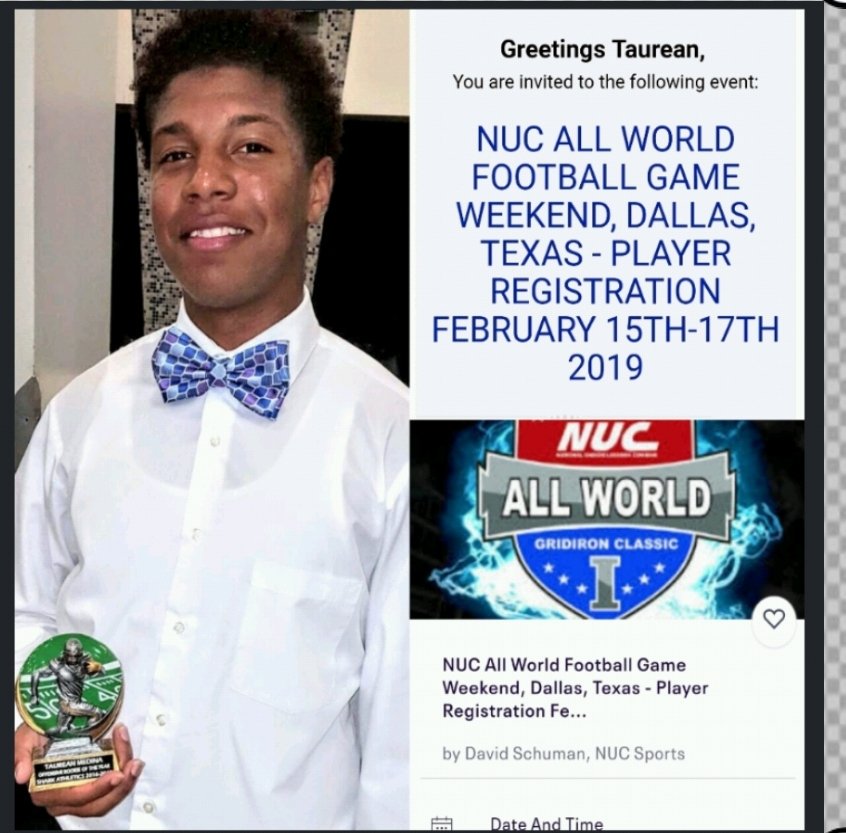 Check out "NUC All World Football Game Weekend, Dallas, Texas - Player Registration February 15th-17th 2019"
HIT THIS LINK 👇👇👇https://www.gofundme.com/6q1iq3c TO SUPPORT TAUREAN GET TO THIS GAME ! https://www.eventbrite.com/e/nuc-all-world-football-game-weekend-dallas-texas-player-registration-february-15th-17th-2019-registration-44453060300?utm-medium=discovery&utm-campaign=social&utm-content=attendeeshare&aff=estw&utm-source=tw&utm-term=listing … @Eventbrite