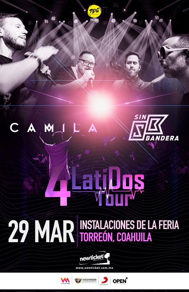 @CamilaMX y @sinbandera juntos en un gran concierto 😍
💗 @4_latidos Tour | 29 de Marzo | Feria de Torreón
🎫 Venta de boletos a través de @newticketmx .
#Venue🔝