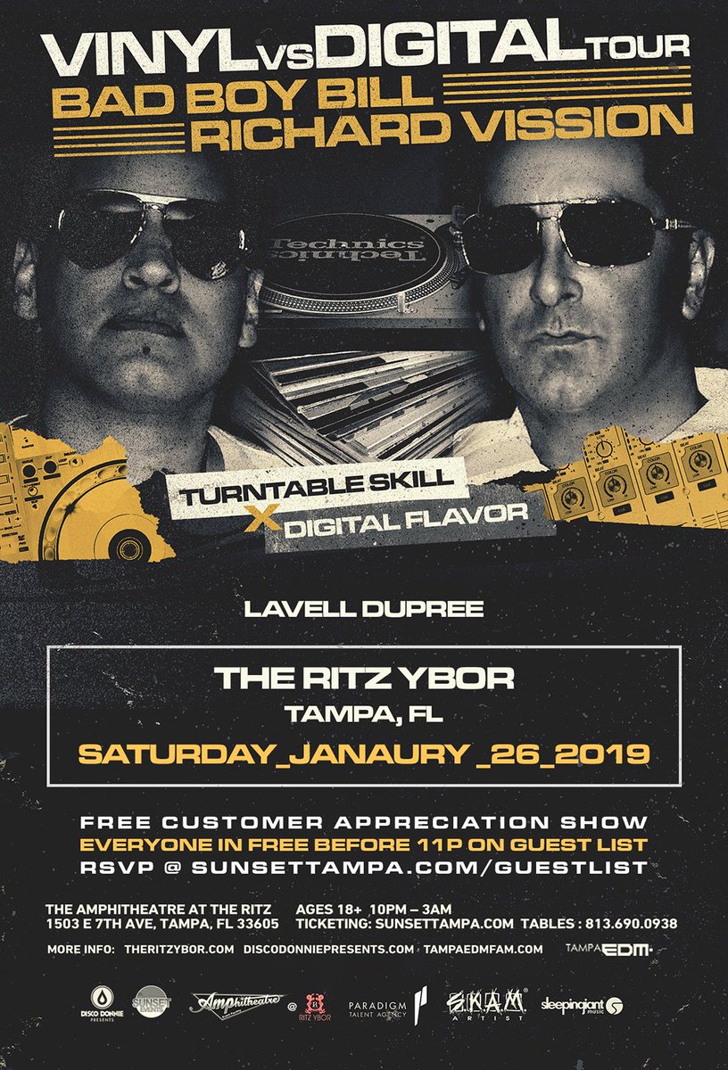 djbadboybill's tweet photo. Tampa! @RichardVission & I are bringing our Vinyl vs Digital Tour to @theritzybor Saturday Jan. 26th! More Info: https://t.co/Vty2FCPny8 #VinylvsDigitalTour #VinylvsDigital #SkamLife #BadBoyBill #RichardVission #HouseConnection #Vinyl #Digital #HouseMusic #Tampa #Florida https://t.co/1iI8uVVNIa