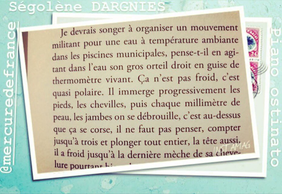 tlivres_tarts's tweet photo. Il y a des romans dont les premières lignes nous mettent tout de suite dans le bain !!! #Pianoostinato de Ségolène Dargnies publié chez @MercuredeFrance fait partie de ceux-là et je ne résiste pas à les partager avec vous... Alors, plongez ! 🏊♀️ #rl2018
https://t.co/U9I6iL8ALf https://t.co/c4TRcdcJK0