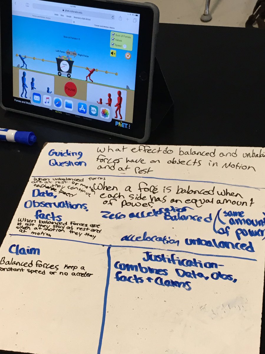 MO_Keeffe's tweet image. Exploring balanced and unbalanced forces with @PhETsims and dabbling in our first attempt at ADI. @McCleskey_MS #cobbscience