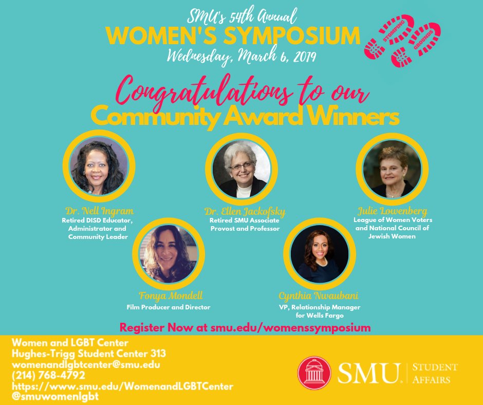 In honor of Women Crush Wednesday, we would like to announce the <a href="/WomensSymposium/">Women's Symposium</a> Community Award Winners. We are so impressed with these inspiring women who are doing impactful and empowering work in our communities. Congratulations! #WCW #SMUWomensSymposium #StompingGrounds