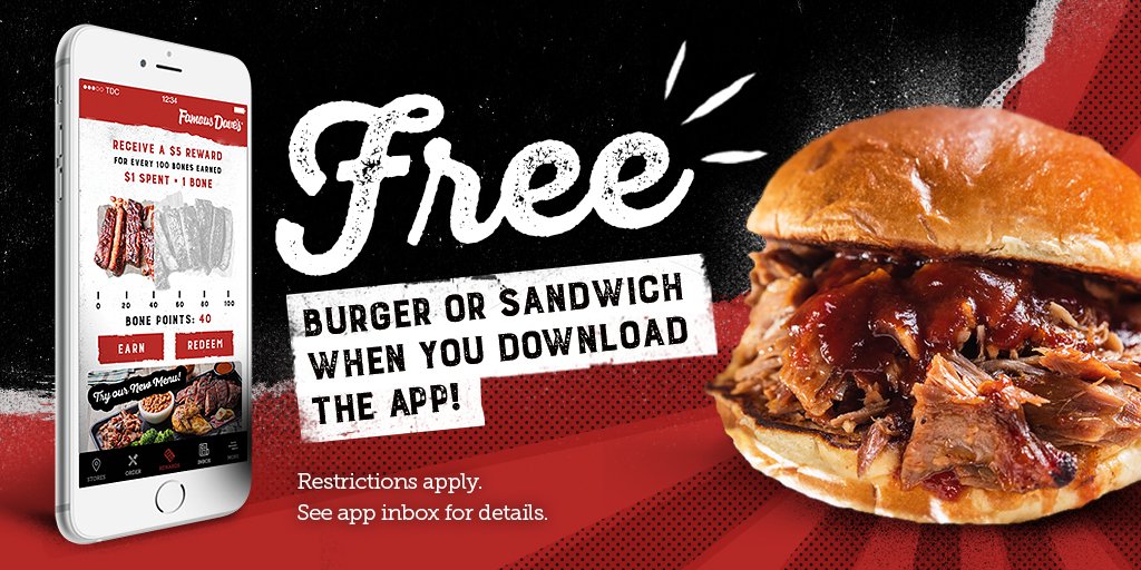 FamousDavesCO's tweet photo. Hungry? Grab a FREE Burger or Sandwich  meal when you download the Famous Dave's App! Order online, earn rewards, and more!

*Participating locations only. Restrictions apply,  see app for details. Visit https://t.co/PUhI1Z2lhq for more info. https://t.co/6bgbQPovFk