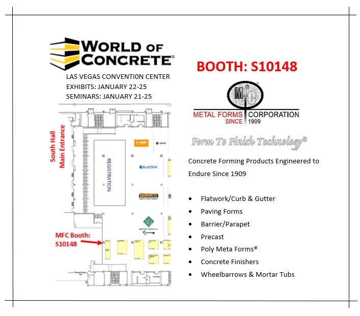 MetalFormsCorp's tweet image. The countdown has begun! Less then a week away from showtime. Remember to visit @MetalFormsCorp Booth S10148 #WOC2019  #SteelForms #SterlingWheelbarrows #ConcreteFinishers #PolyMetaForms #PavingForms #Barrier #Parapet #Precast