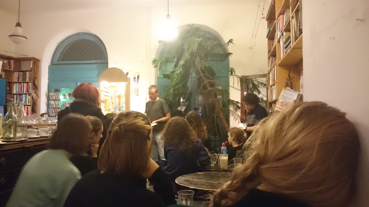 BeckyScreeton's tweet photo. @DavidDevanny and @fenth_ reading at Massolit Books and cafe, Budapest this evening https://t.co/RjZkFNpGQN