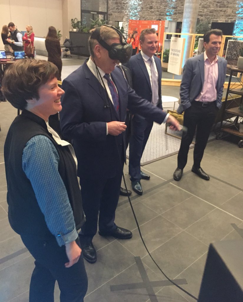 Autodesk_UKI's tweet photo. Let the games begin! Minister of State for Trade, Business &amp; Employment, @PatBreen1 and @MartinDShanahan CEO of @IDAIRELAND, enjoying some of our interactive experiences with our CEO @andrew_anagnost and Dublin site leader Martin Gurren 🤖 #DesignandMakeDUB @EnterInnov https://t.co/vTPN0zMn7S