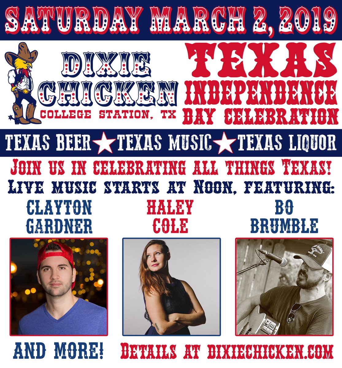 thedixiechicken's tweet photo. Have plans for #TexasIndependenceDay yet? Join us for FREE live music on the #BackPorch of the #DixieChicken! @ClaytonGardner @haleycolemusic and @bo_brumble will be joining us for a great day celebrating #Texas! https://t.co/LKNS4wq4xy https://t.co/xkc5DO2Ifg
