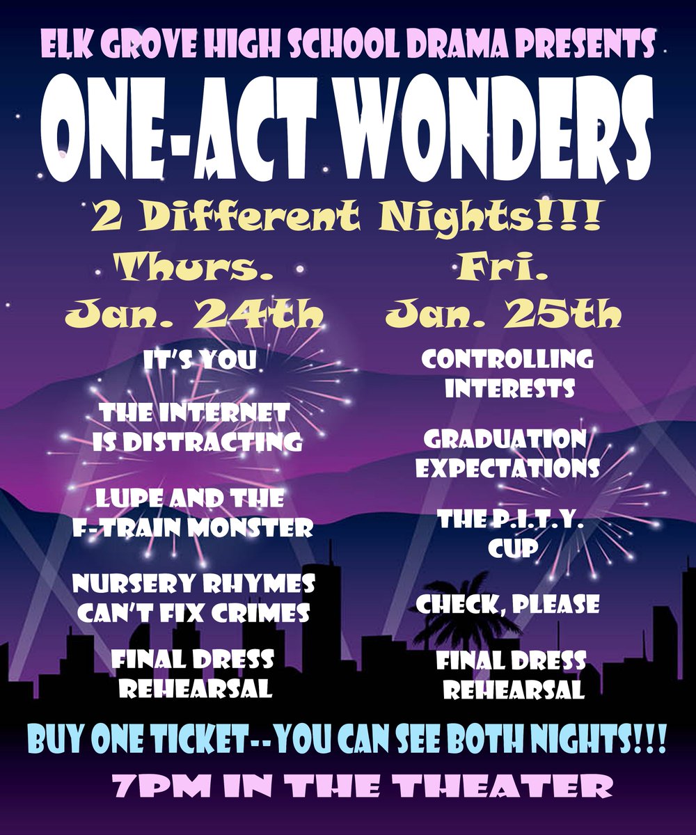 EGSpeechTheatre's tweet photo. Opening in 1 week! One Act Wonders! 8 short student directed plays and a bonus director's play over 2 nights! 1 ticket gets you in either night, or both nights! @ElkGrove_HS @EGFineArts @EGMrsKale @District214 @d214finearts  @EG_Nation #WeAreEG https://t.co/mKslOBE1cL