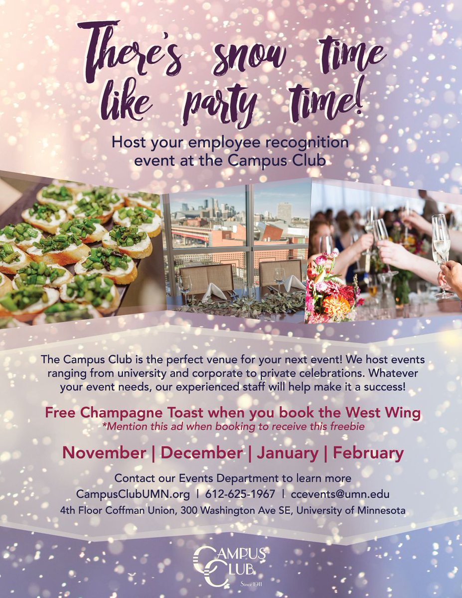 There's snow time like party time! ❄️
Host your next event at the #CampusClubUMN where we have great views, amazing food, and a fabulous staff - Book the West Wing (Nov-Feb) and you'll get a #FREE champagne toast!
#JoinCClubUMN #UMN #venue #minneapolis #TwinCities