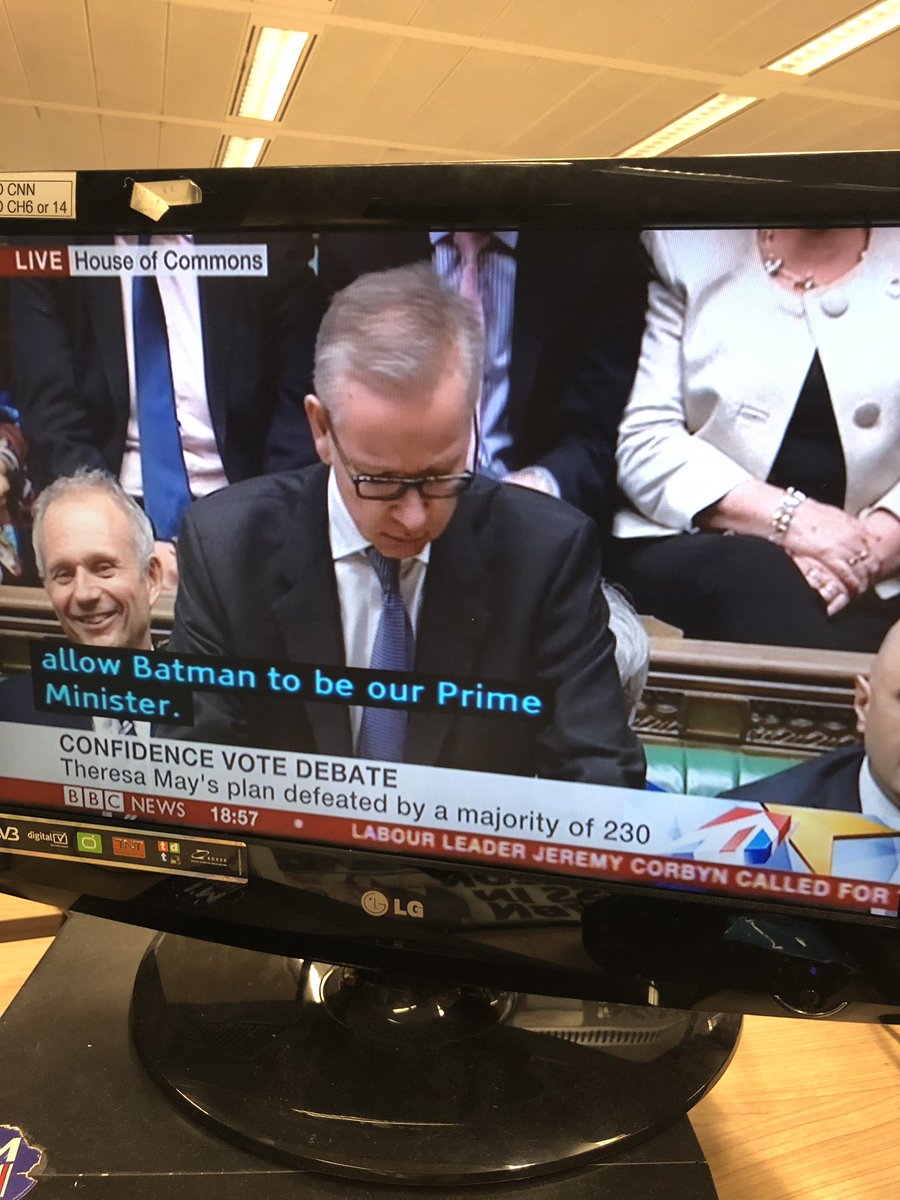 ninamasseyPA's tweet image. Excellent subtitle error as Michael Gove winds down no confidence debate.  #batman #jeremycorbyn #NoConfidenceMotion 🦇