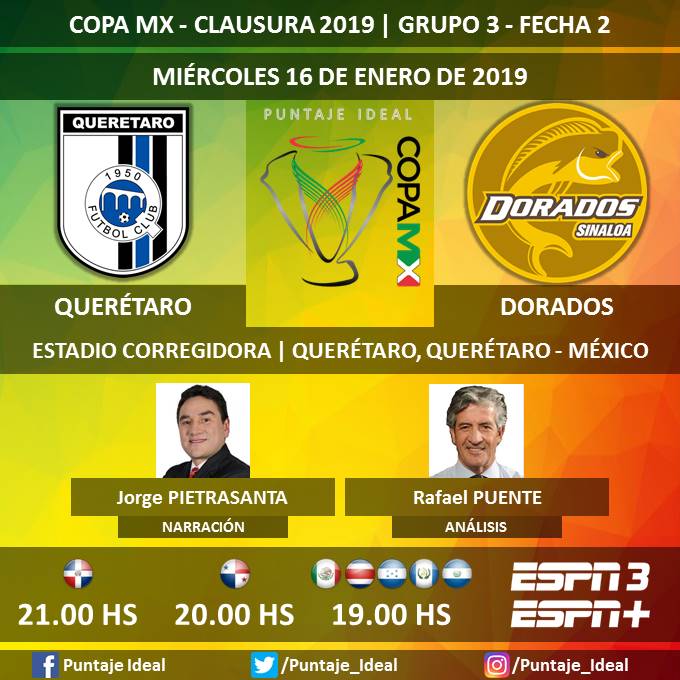 ⚽ #CopaMX 🇲🇽 | #Querétaro vs. #Dorados
🎙 Narración: @J_Pietra
🎙 Análisis: @rafapuente_espn
📺 #ESPN 3 - ESPN + México, Centroamérica y Rep. Dominicana
🖥 @ESPNPLAY
Dale RT 🔃