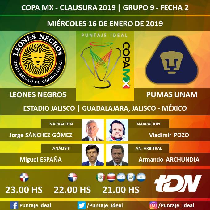 ⚽ #CopaMX 🇲🇽 | #LeonesNegros vs. #PumasUNAM
🎙 Narración: @jsanchez_tdn y @VladimirPozoC80
🎙 Análisis: @mespana_tdn
🎙 Análisis arbitral: @aarchundia896
🤳 #FutEnTDN
📺 @tdn_twit
Dale RT 🔃