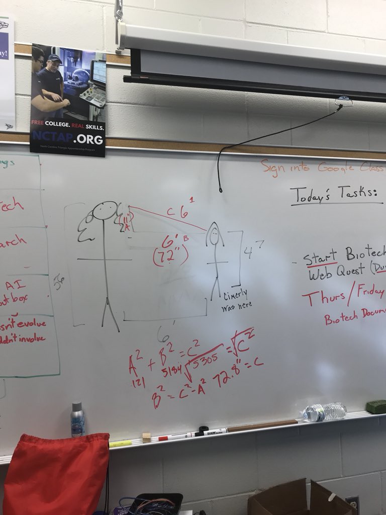 MrWolfTech's tweet image. 6th graders got done their assignment early so we did a little mock equation to estimate down to the nearest inch the line of eye sight between our tallest girl and a less tall girl using pathagrian theorem that  our 8th graders are learning with @MissMLarson - #EWstrong #math