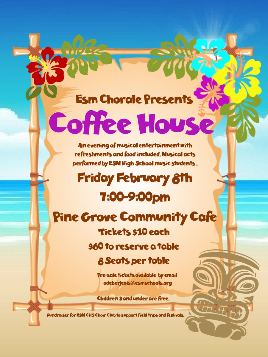 ESMSchoolDist's tweet photo. The ESM Chorale will host a Coffee House fundraiser Fri., Feb. 8, 7-9 p.m. at Pine Grove. This is a unique concert/social event that includes entertainment, hot/cold beverages, desserts &amp; appetizers. Tix $10 each or $60/table of 8. https://t.co/yBQyFkrjzW https://t.co/kP32TdWGE9