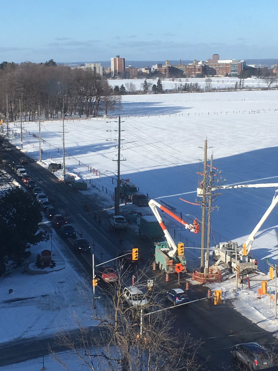 Expect delays Fisher Ave just south of Trent (north of Baseline) Hydro crews working. Bicycle lanes closed for traffic as well. #Otttraffic #ottbike