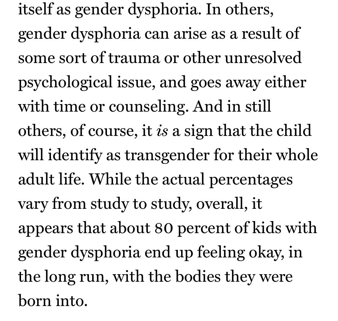 The phenomenon whereby dysphoria goes away is called “desistance”: the trailing off of gender dysphoria. What % of dysphoric children experience it? That turns out to be a complex q. Initially, S claimed “about 80 percent.”