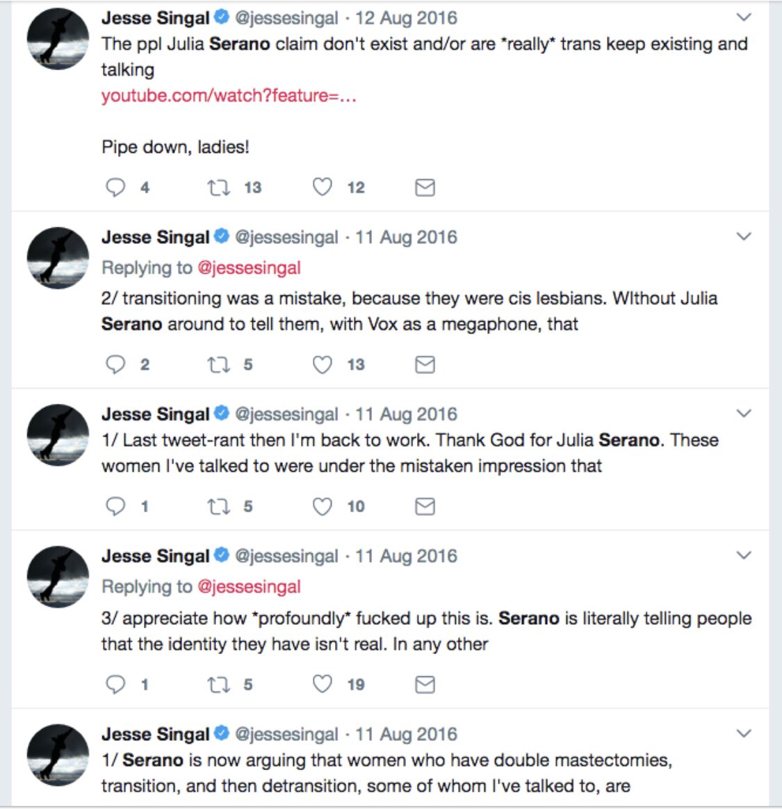 Singal has claimed on Twitter that Julia Serano, for example, denies the existence of desisted (ex-trans) people. She really doesn’t. He says that trans activists deny *any* possibility of desistance, when in fact they rebut his arguments *about* it from experience and expertise