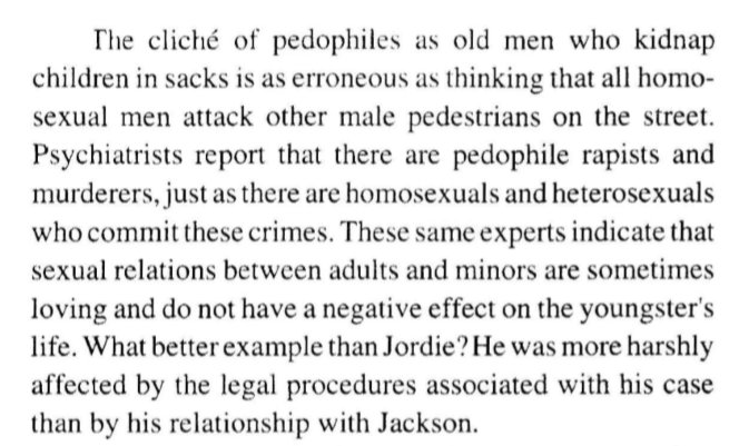 He also dedicated a chapter to explain why pedophilia was no big deal, sex between adults and minors can be "loving", as he and his NAMBLA friends believeOn page 208 he wrote: