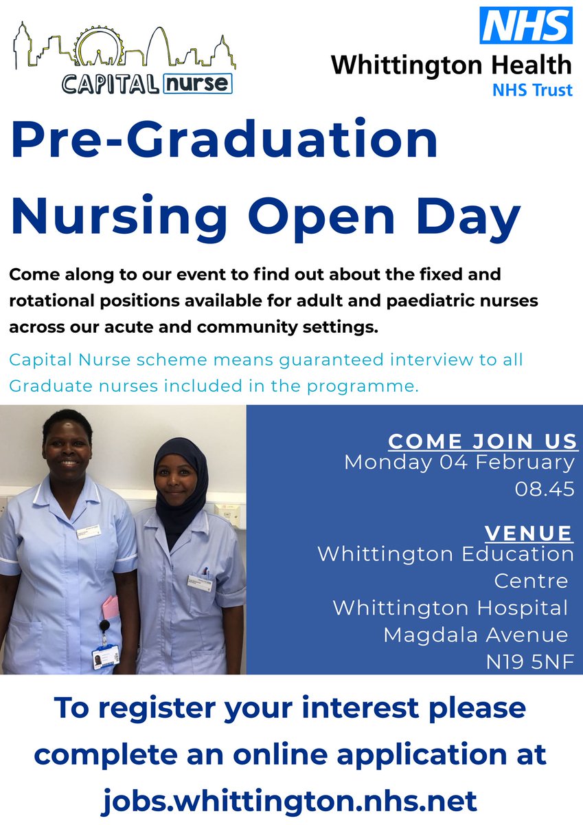 Fran_Dillon1's tweet photo. Are you a student nurse due to qualify in 2019? Find a band 5 job now with ⁦@WhitHealth⁩ ready for when you graduate ⁦@mynameisTymms⁩ ⁦@MiddlesexUni⁩ ⁦@LSBU⁩ ⁦@KingsCollegeLon⁩ ⁦@UniofHerts⁩ ⁦@preceptorWhitt⁩ https://t.co/lTqZK36uvO