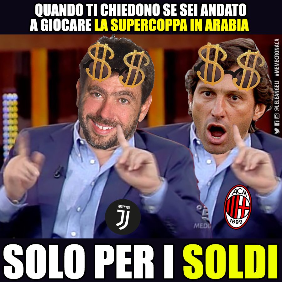 LeleAngeli's tweet photo. "Una bellissima giornata di sport". 
Ebbene sì, stasera ho sentito dire anche questo. 🙄🤨🤔 Mah! 
#memecronaca #JuveMilan #JUVMIL #JuventusMilan #SupercoppaTIM #Supercoppa #Gedda #Jeddah #SuperJuve #FinoAllaFine #jvtblive #agnelli #leonardo #miccichè #riccanza #riccanza3 https://t.co/Onk8ItD2Mj