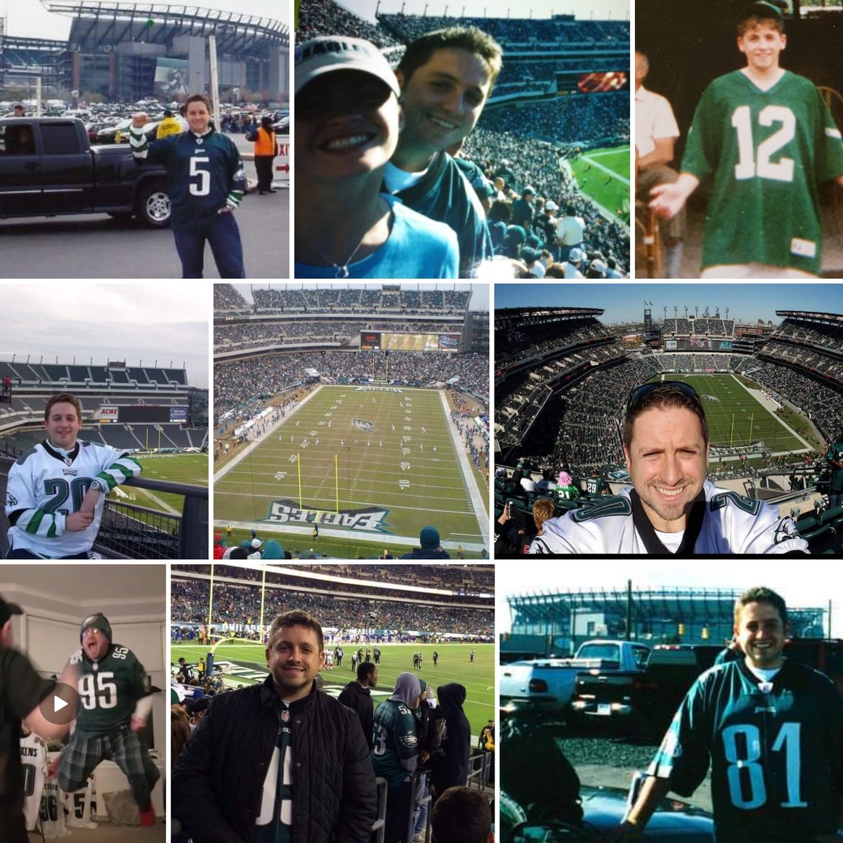 garydg7's tweet photo. #10YearChallenge Supporting the @Eagles from afar. (Ok, more like 25 year challenge 😊)  #FlyEaglesFly

Left to right... 

Giants 2003
Ravens 2004
Lourdes, France 1992
Giants 2003
Dolphins 2007
Saints 2015
Superbowl 
Giants 2014
Packers 2005 https://t.co/kjvLVaNEY2