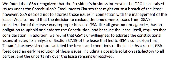 some news - the GSA’s inspector general says the agency ignored the constitution by letting trump lease the US post office for his hotel https://www.gsaig.gov/sites/default/files/ipa-reports/JE19-002%20OIG%20EVALUATION%20REPORT-GSA%27s%20Management%20%26%20Administration%20of%20OPO%20Building%20Lease_January%2016%202019_Redacted.pdf …
